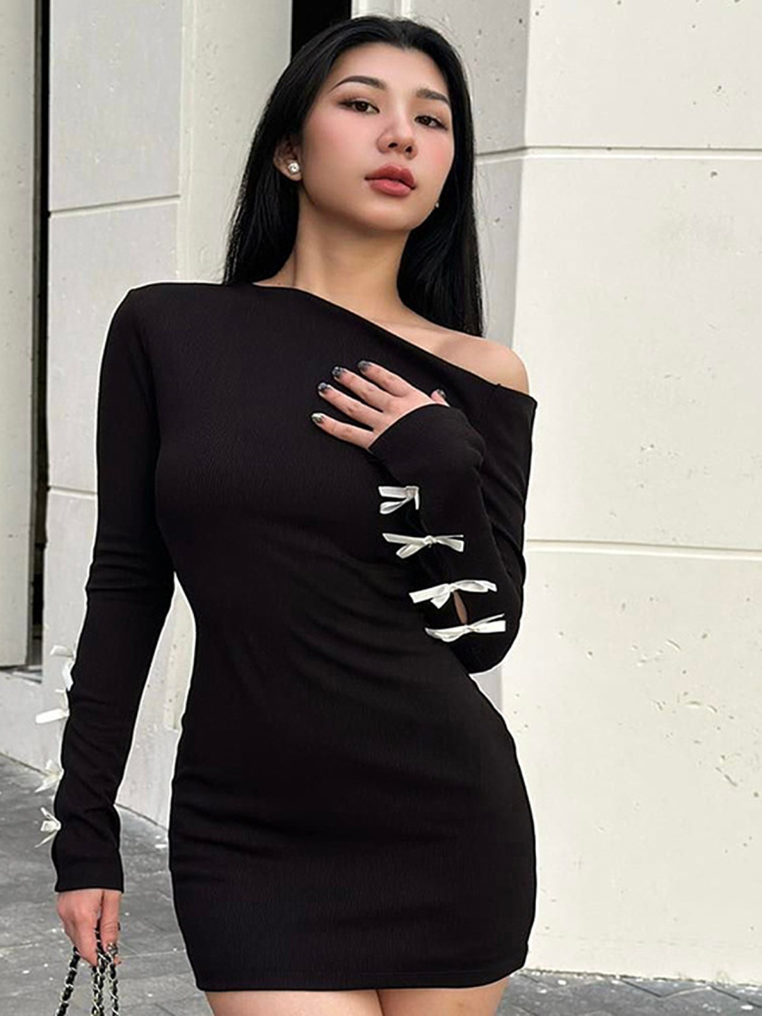 

LULU & SKY Slanted Neck Sheath Mini Dress, Black