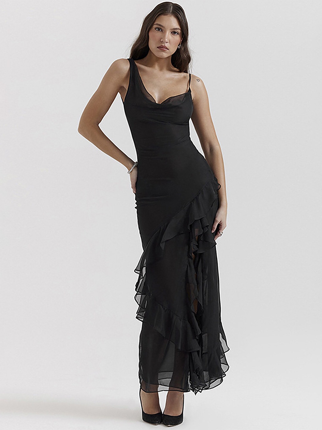 

LULU & SKY Cowl Neck Ruffly Slit Maxi Dress, Black
