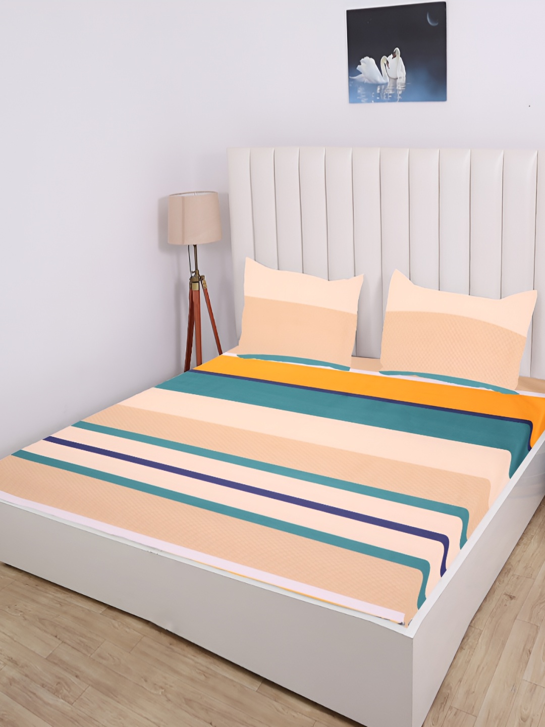 

RD TREND Beige & Teal Striped Cotton 210 TC Fitted King Bedsheet With 2 Pillow Covers