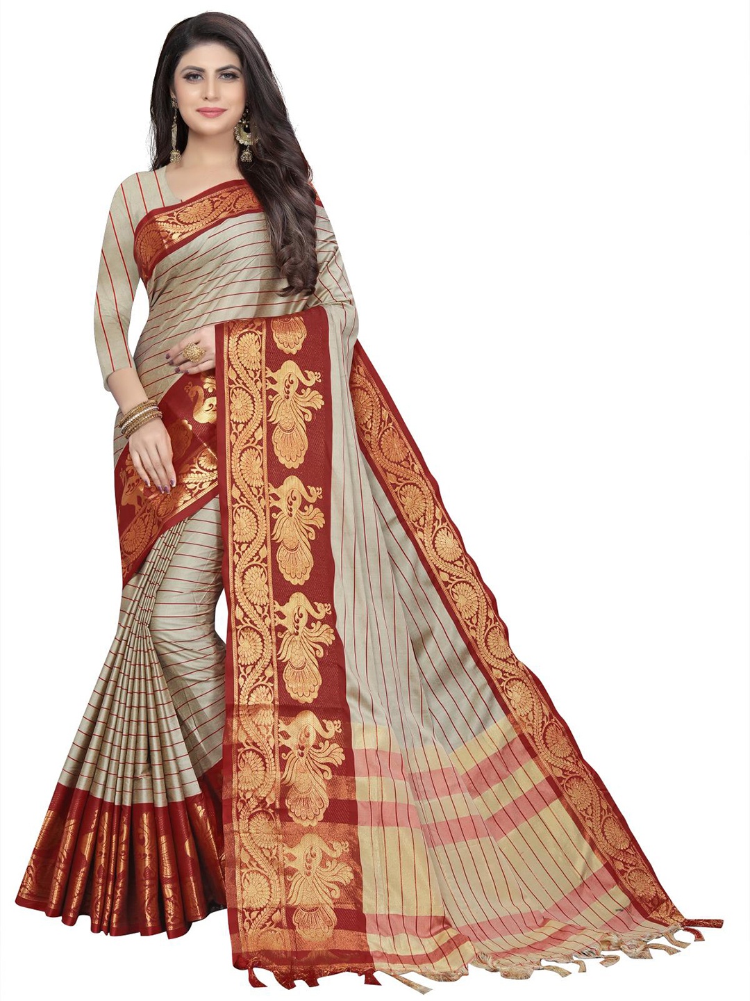 

Rujave Striped Zari Pure Cotton Saree, Grey