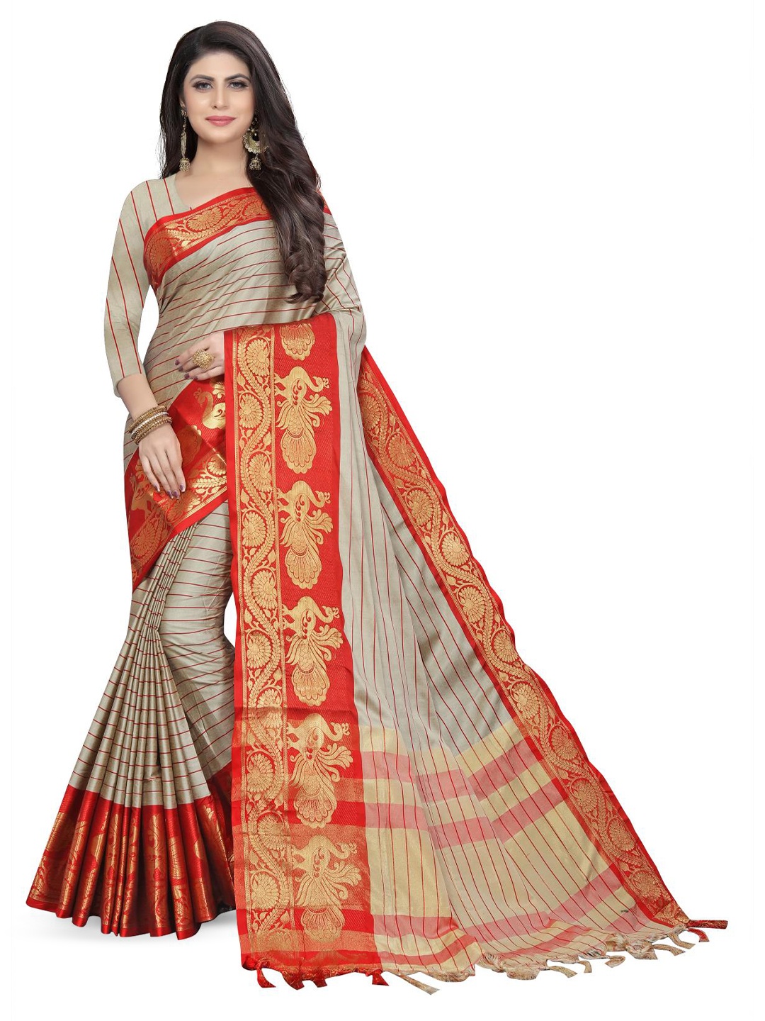 

Rujave Striped Pure Cotton Saree With Tassels, Orange