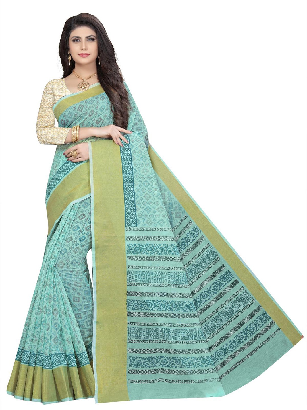 

Rujave Woven Design Pure Cotton Saree, Sea green