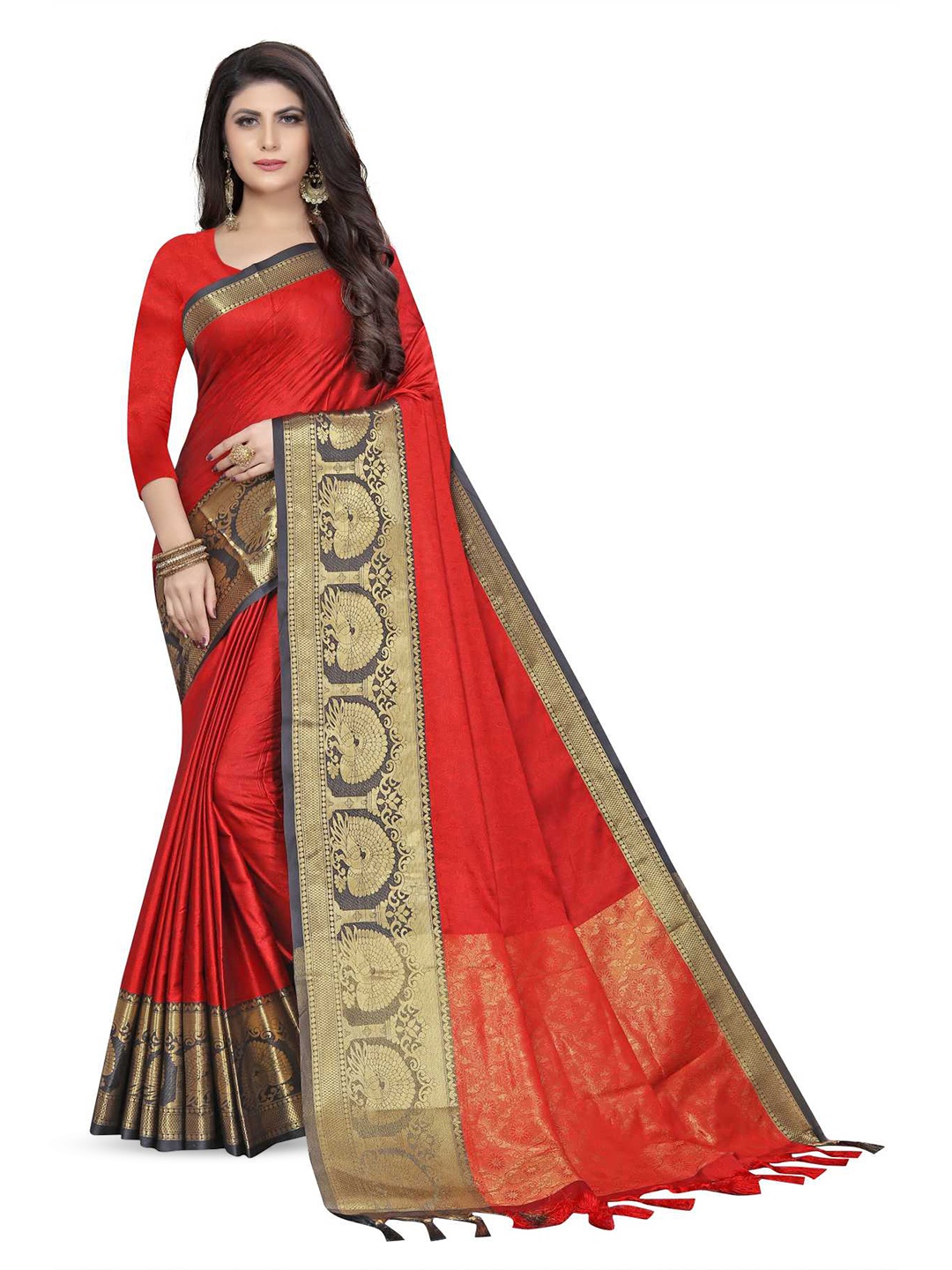 

Rujave Woven Design Zari Pure Cotton Saree With Tassels, Red