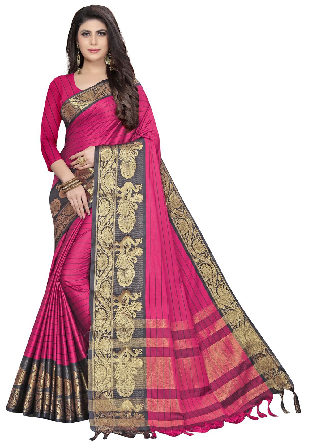 

Rujave Striped Zari Pure Cotton Saree, Pink