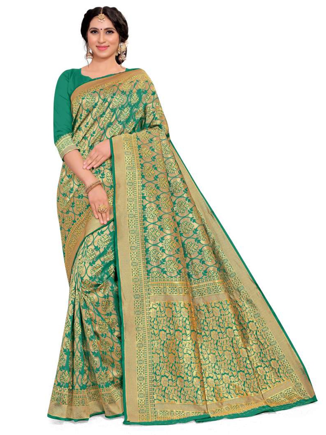 

Rujave Woven Design Zari Art Silk Banarasi Saree, Sea green