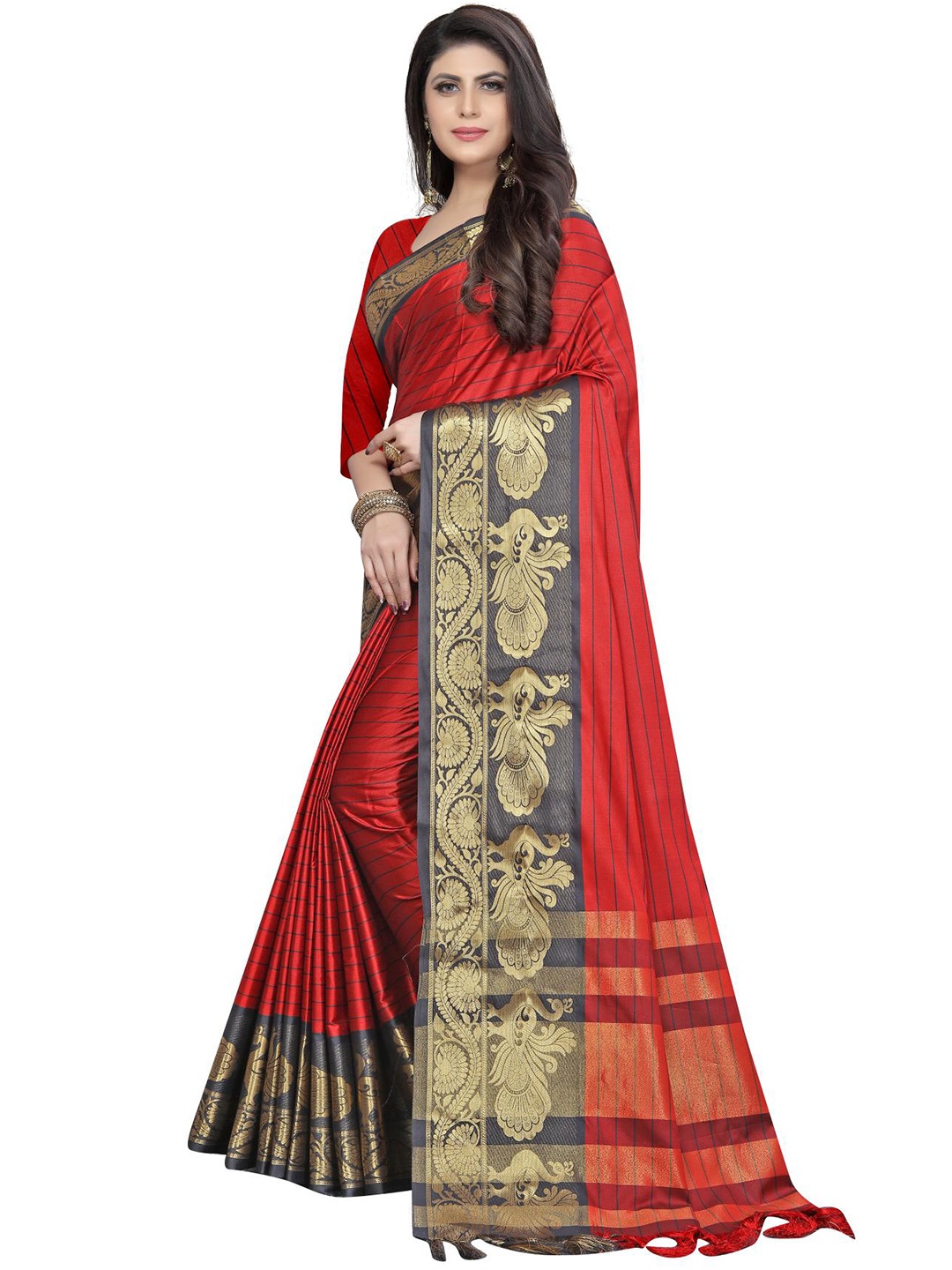 

Rujave Woven Design Pure Cotton Saree, Red
