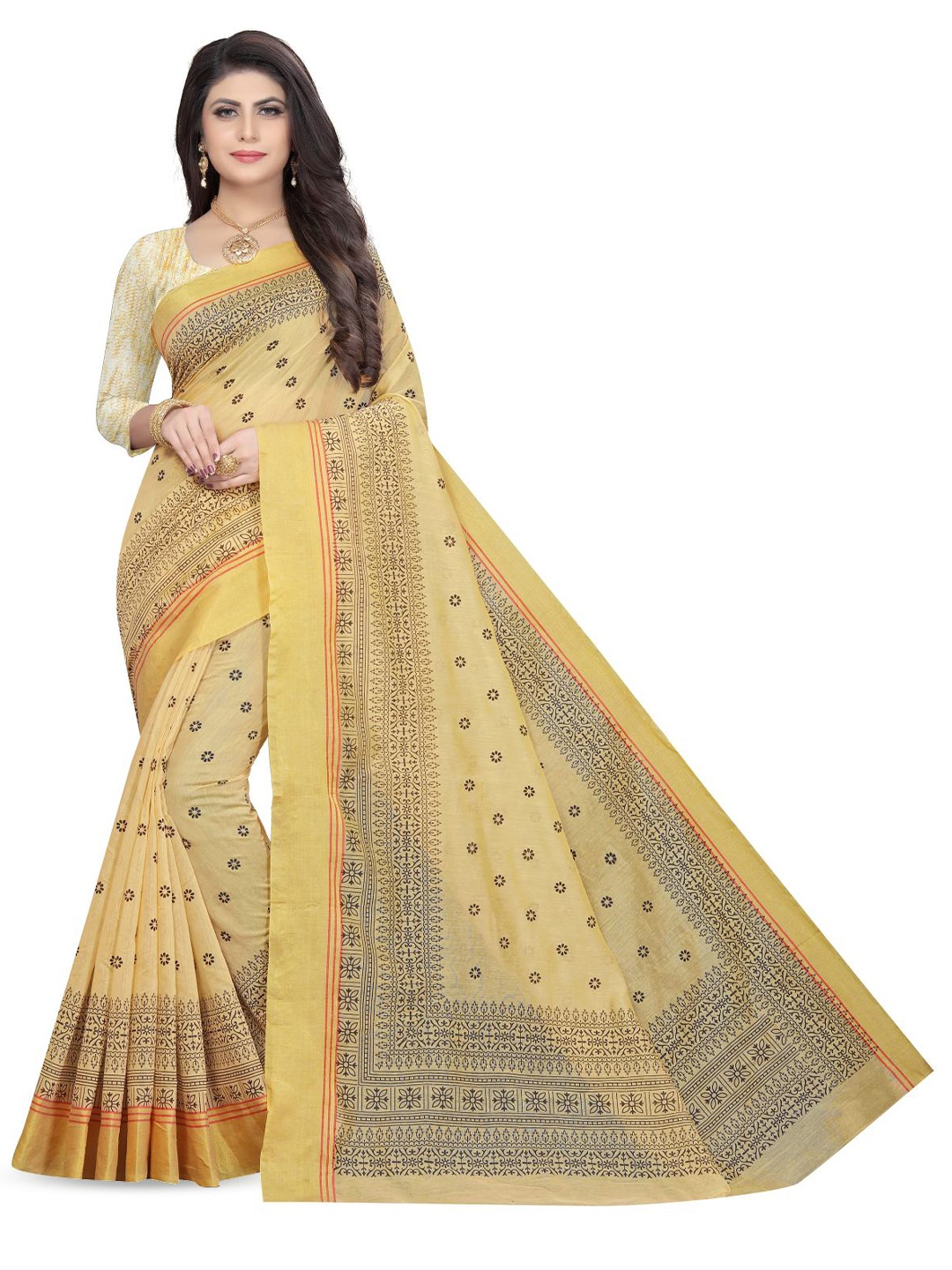 

Rujave Floral Printed Pure Cotton Saree, Yellow