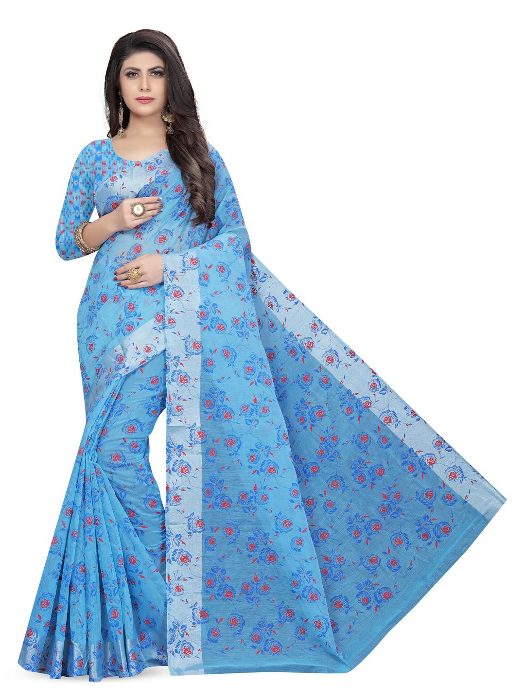 

Rujave Floral Printed Pure Cotton Saree, Blue