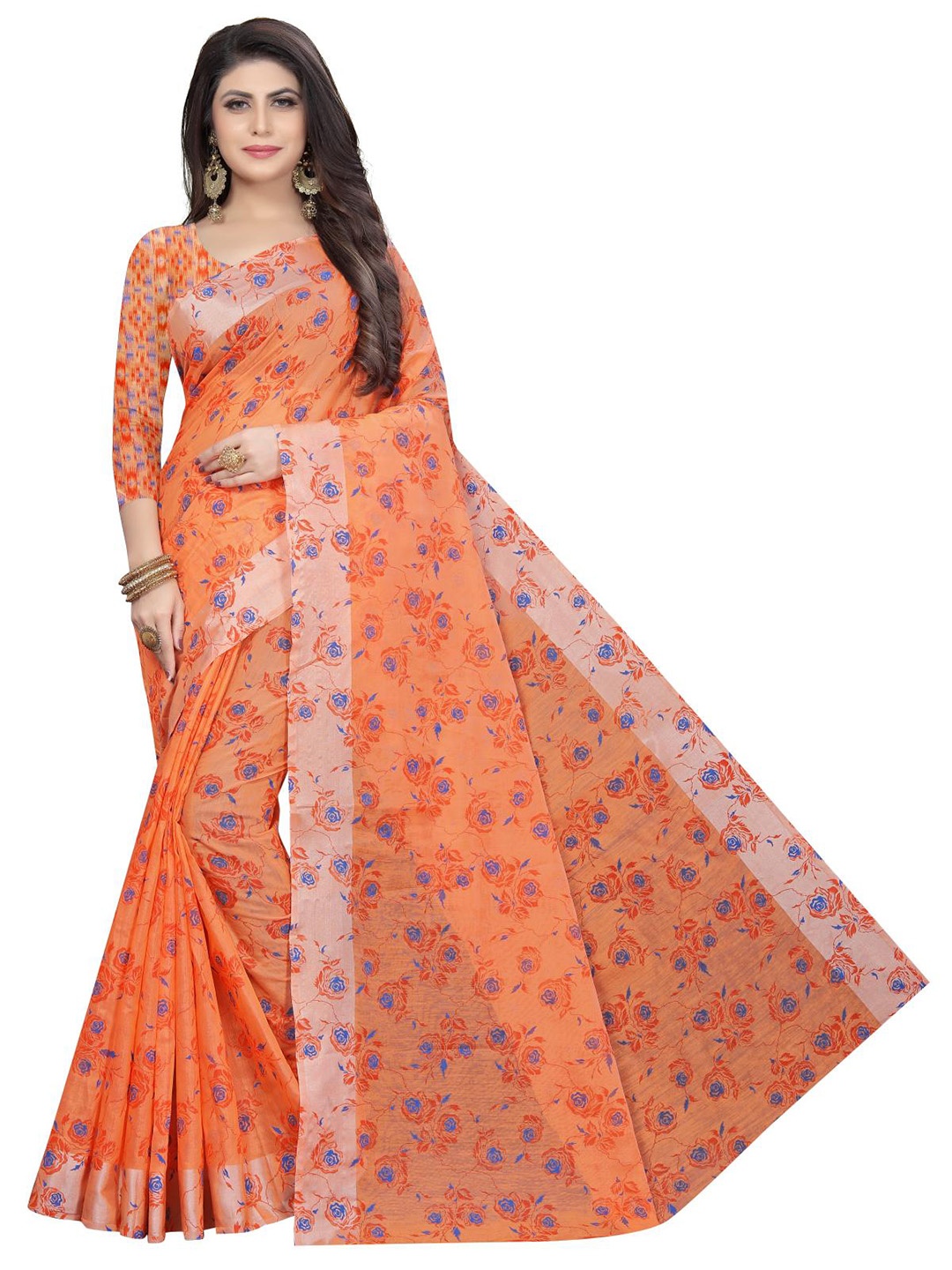 

Rujave Floral Pure Cotton Saree, Orange
