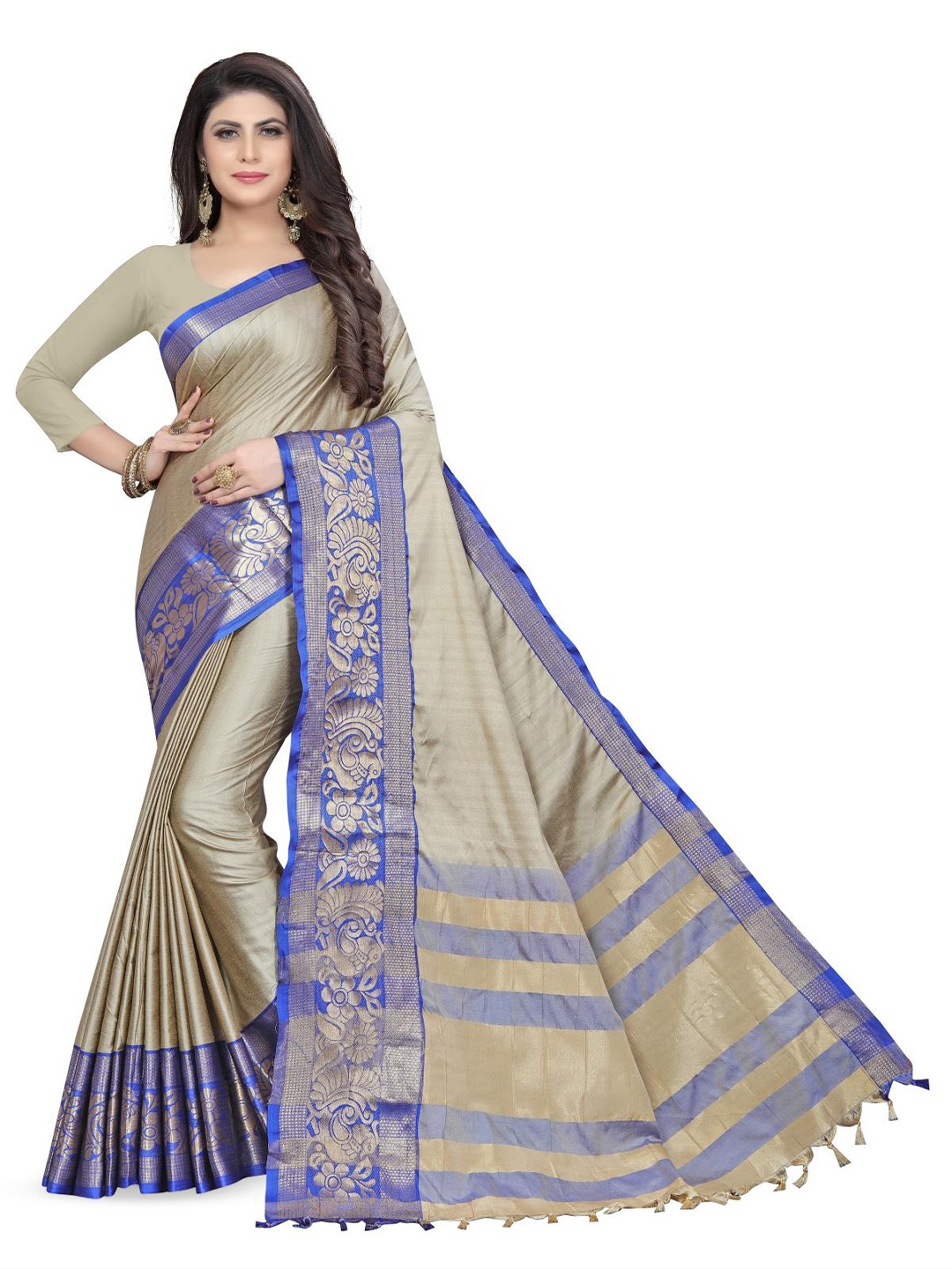 

Rujave Woven Design Zari Pure Cotton Saree With Tassels, Beige