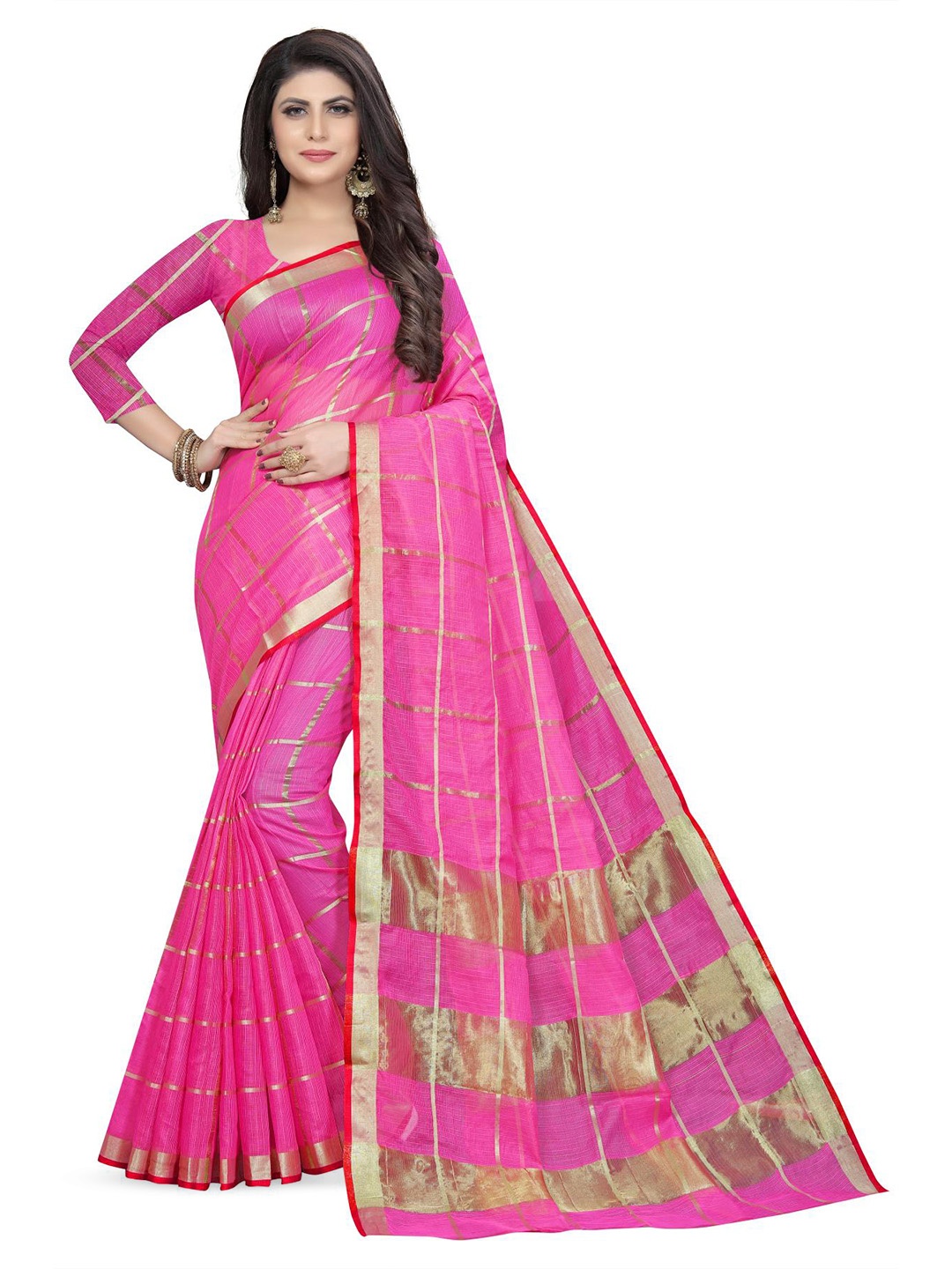 

Rujave Checked Woven Design Zari Pure Cotton Saree, Pink