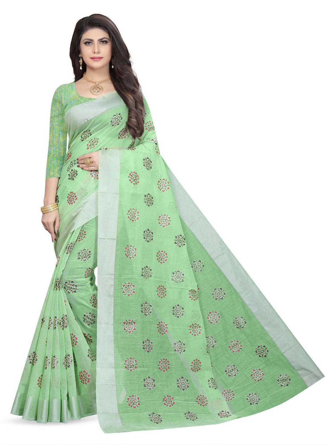 

Rujave Woven Design Floral Printed Pure Cotton Saree, Green