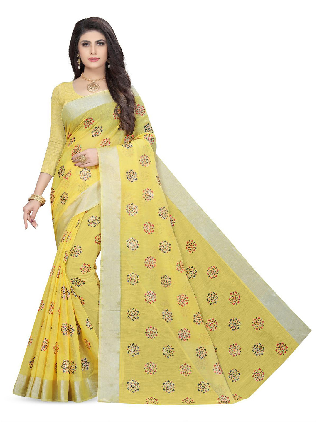 

Rujave Woven Design Floral Printed Zari Pure Cotton Saree, Yellow