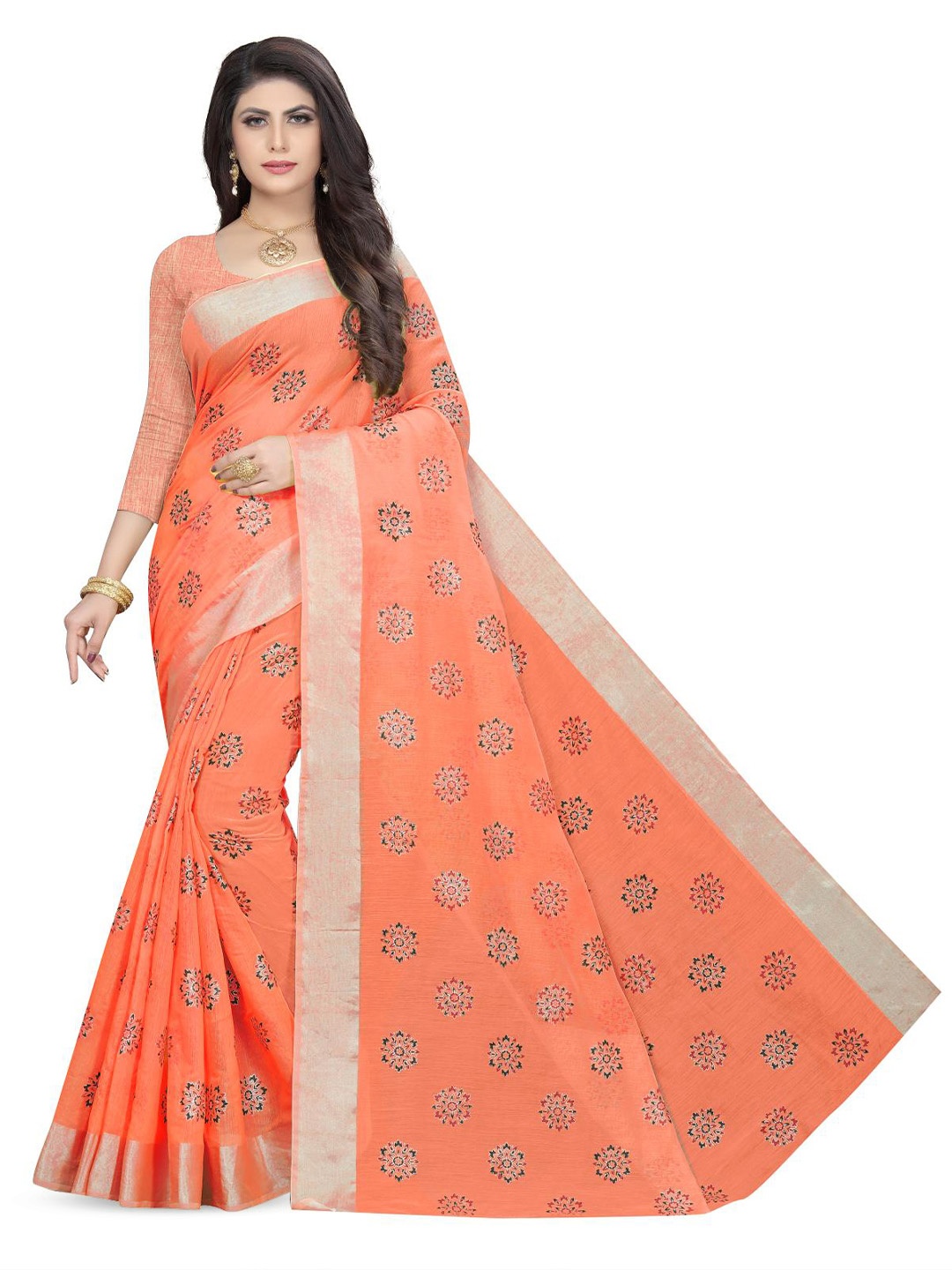 

Rujave Woven Design Floral Printed Zari Pure Cotton Saree, Orange