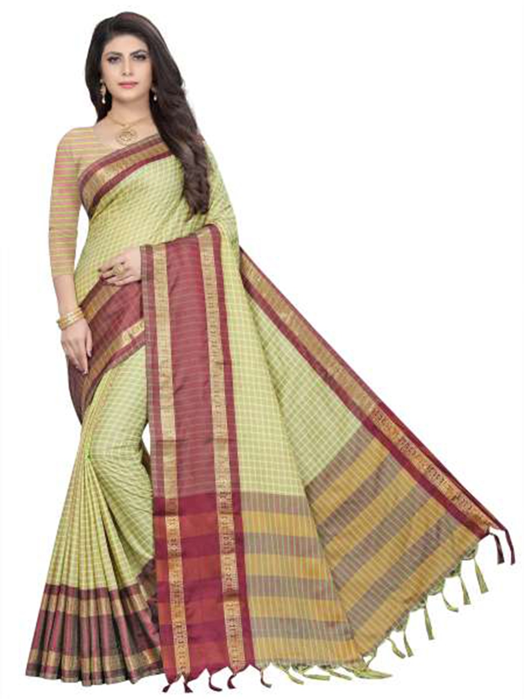 

Rujave Checked Woven Design Zari Pure Cotton Saree, Maroon