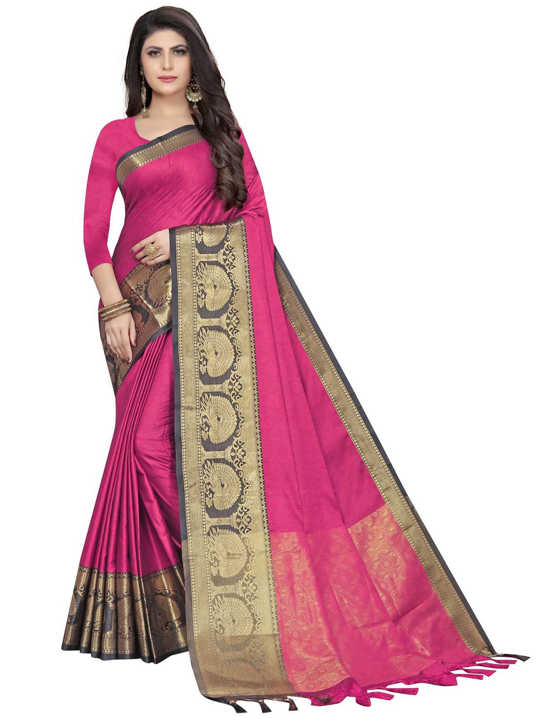 

Rujave Zari Pure Cotton Saree, Pink