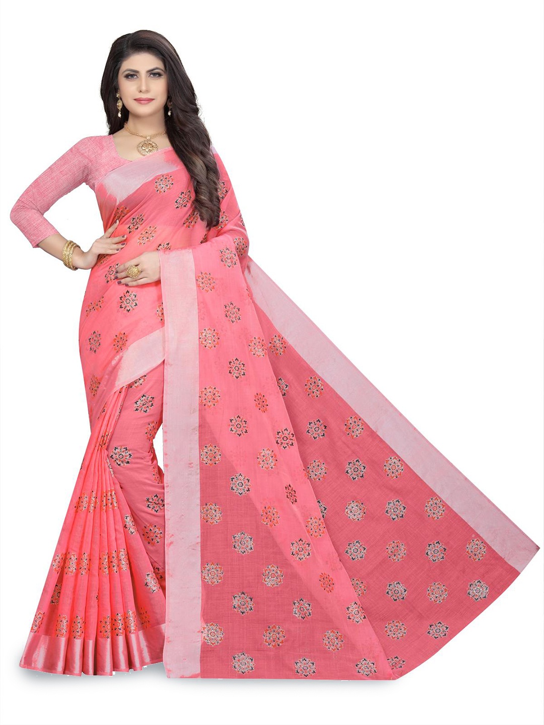 

Rujave Woven Design Floral Printed Pure Cotton Designer Saree, Peach