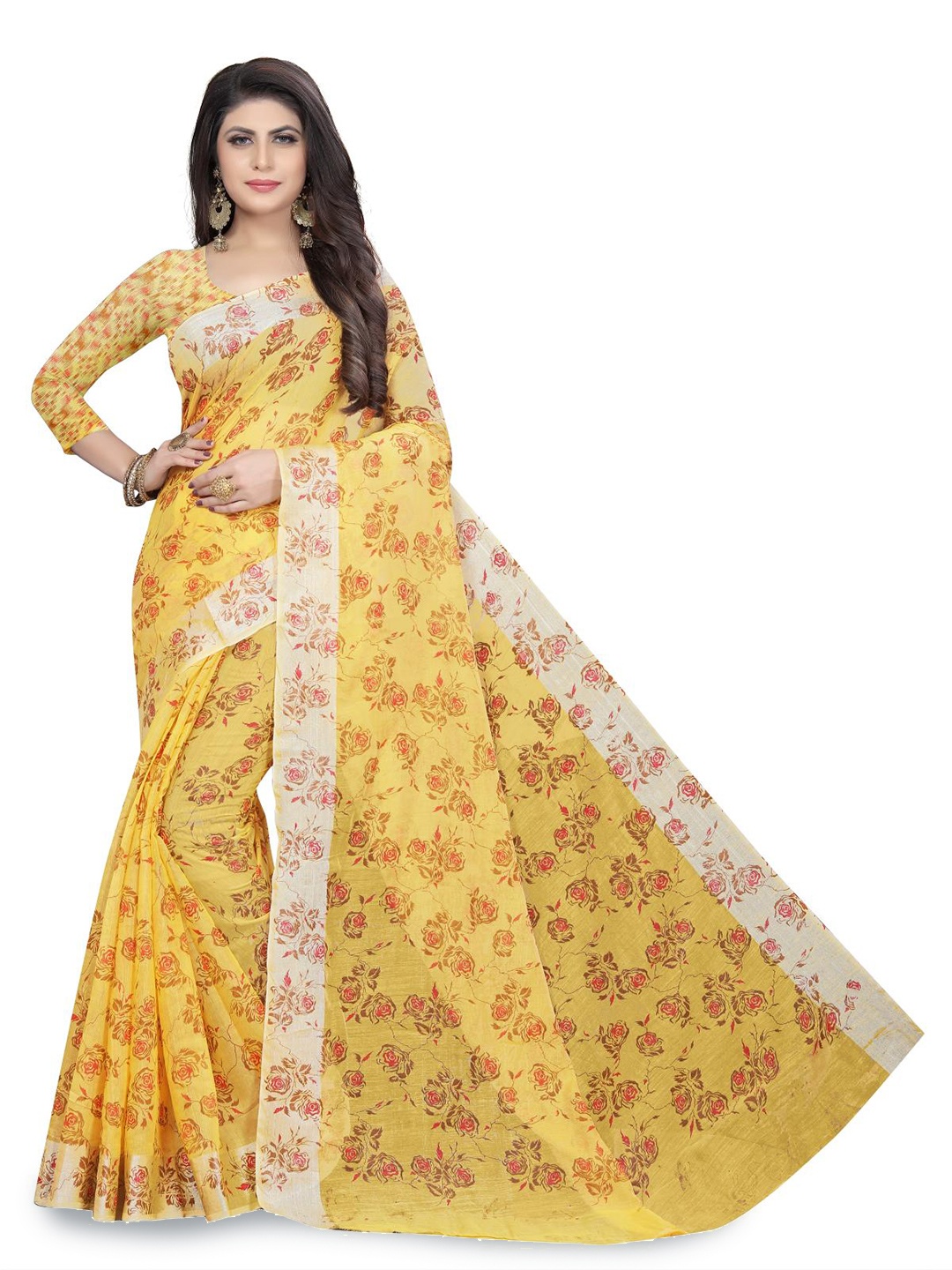 

Rujave Woven Design Floral Printed Pure Cotton Saree, Yellow
