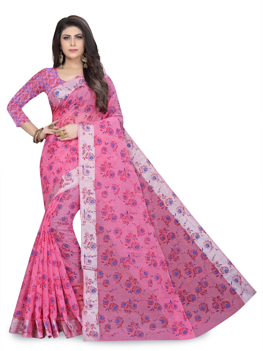 

Rujave Woven Design Floral Printed Pure Cotton Saree, Pink