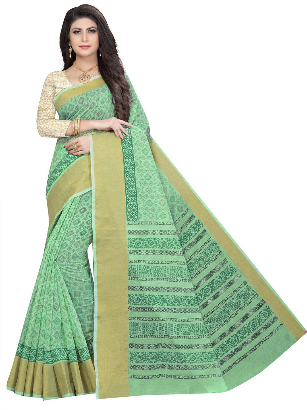 

Rujave Floral Zari Pure Cotton Saree, Green