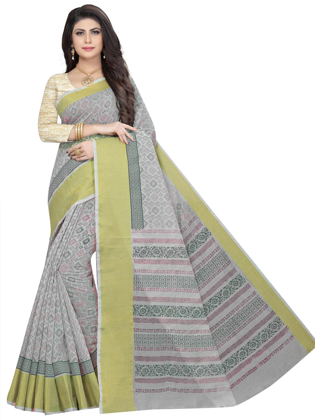

Rujave Woven Design Zari Pure Cotton Saree, Grey