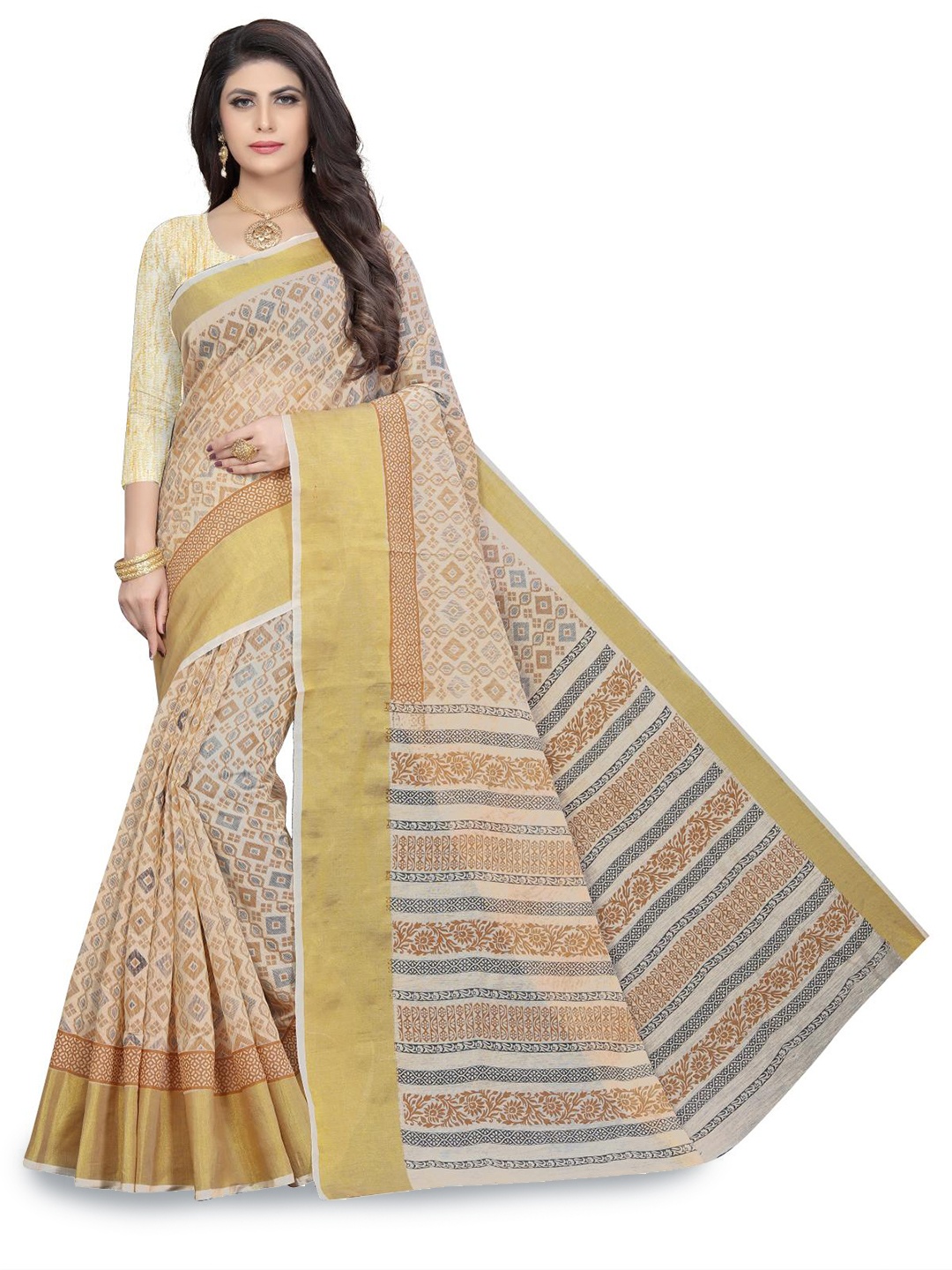 

Rujave Woven Design Geometric Printed Pure Cotton Saree, Beige