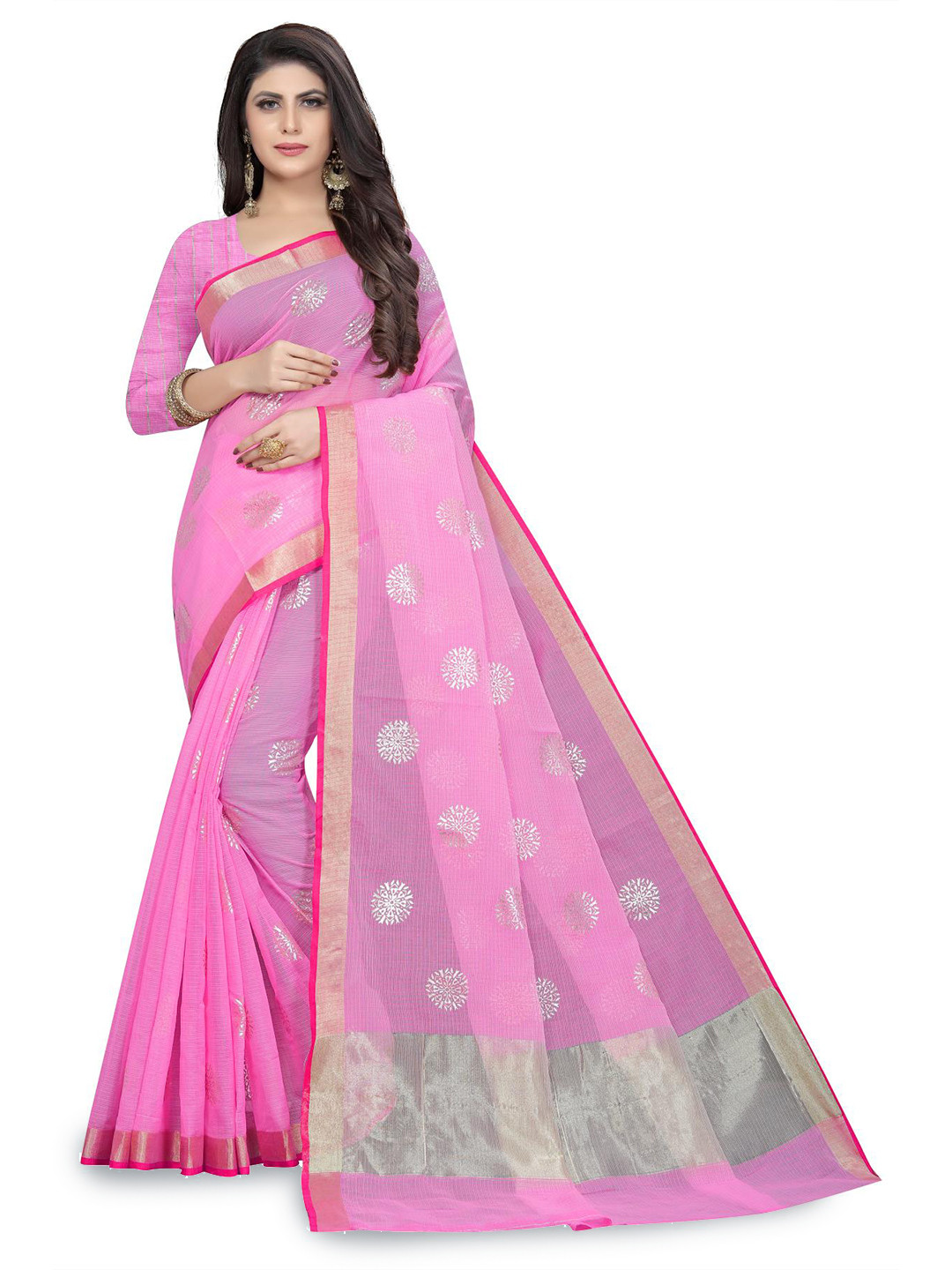 

Rujave Floral Printed Zari Pure Cotton Saree, Pink