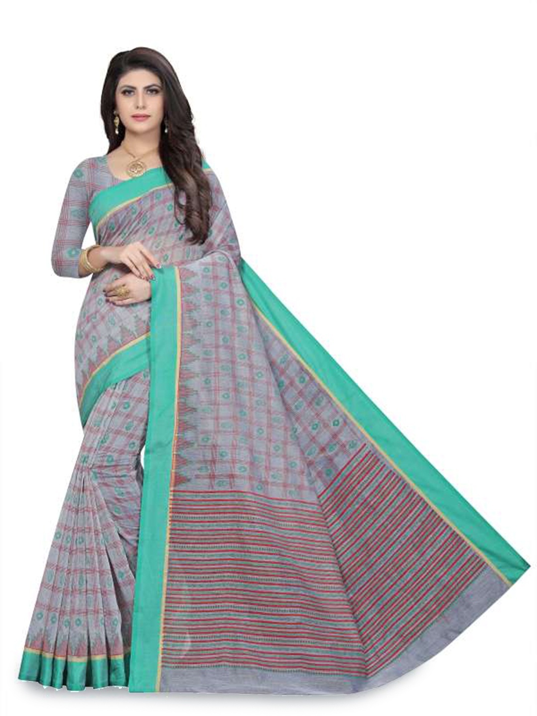 

Rujave Checked Pure Cotton Saree, Green