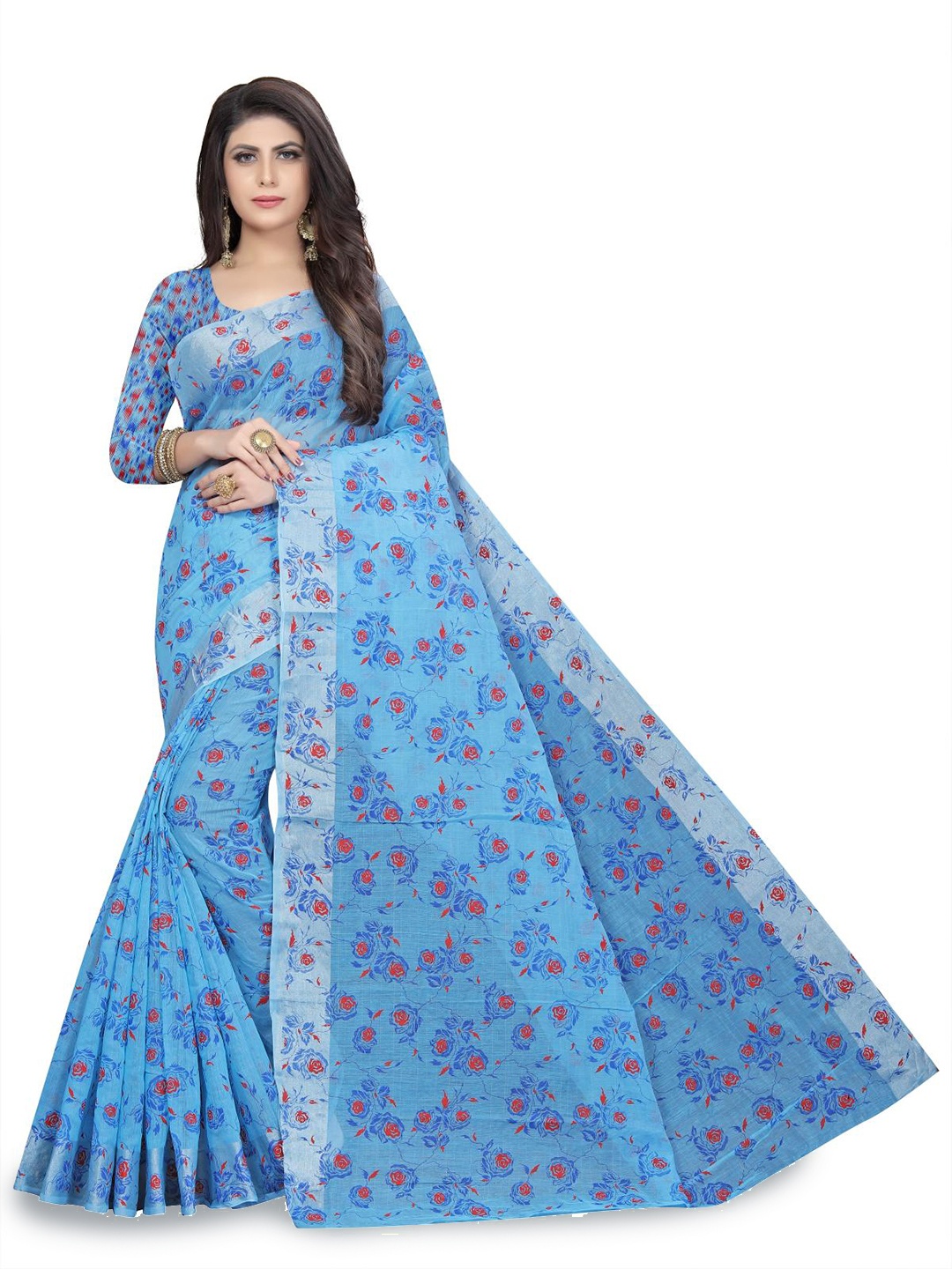 

Rujave Floral Printed Pure Cotton Saree, Blue