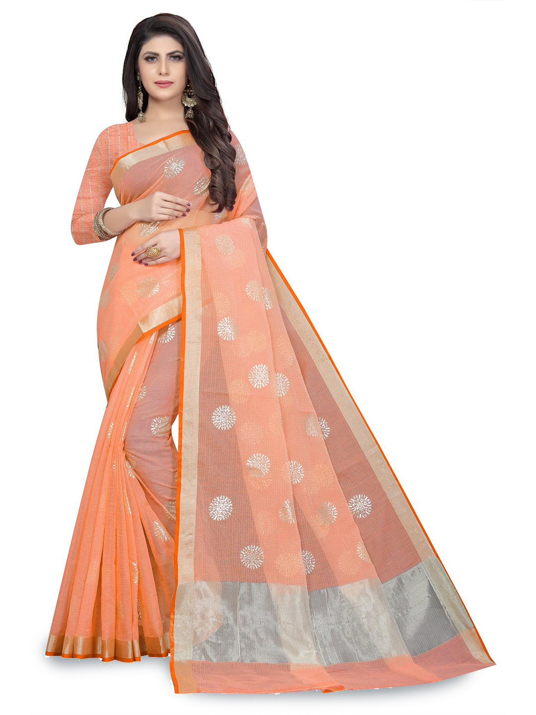 

Rujave Woven Design Floral Printed Zari Pure Cotton Saree, Orange