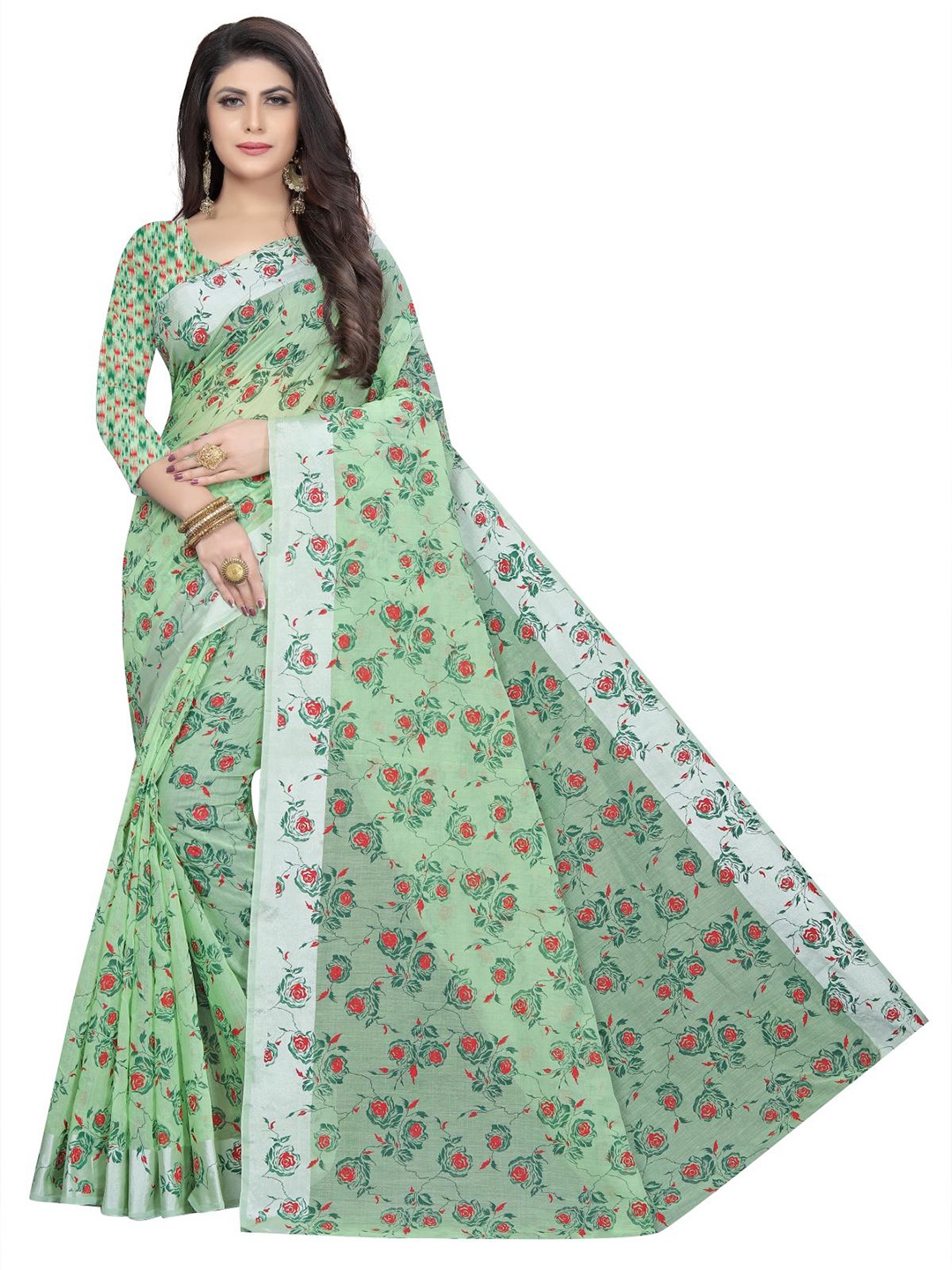 

Rujave Floral Pure Cotton Designer Saree, Green