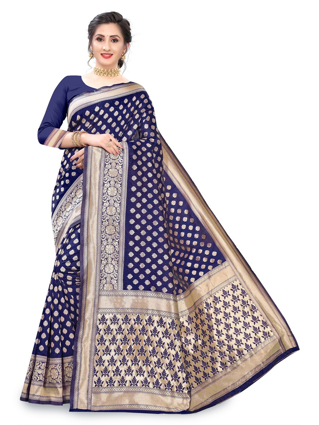 

Rujave Floral Woven Design Zari Art Silk Banarasi Saree, Navy blue