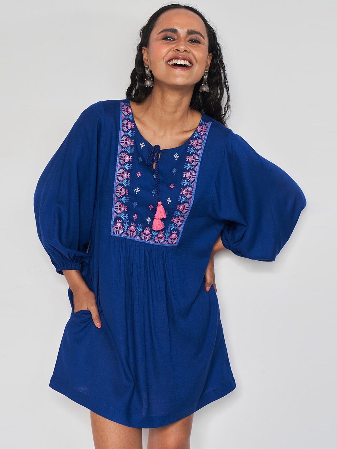 

Global Desi Ethnic Motif Embroidered Tie-Up Neck A-Line Ethnic Dress, Blue