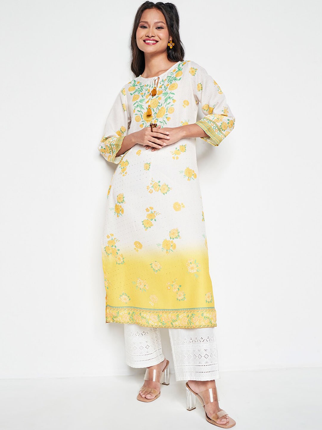 

Global Desi Ethnic Motifs Printed Tie-Up Neck Straight Kurta, Off white