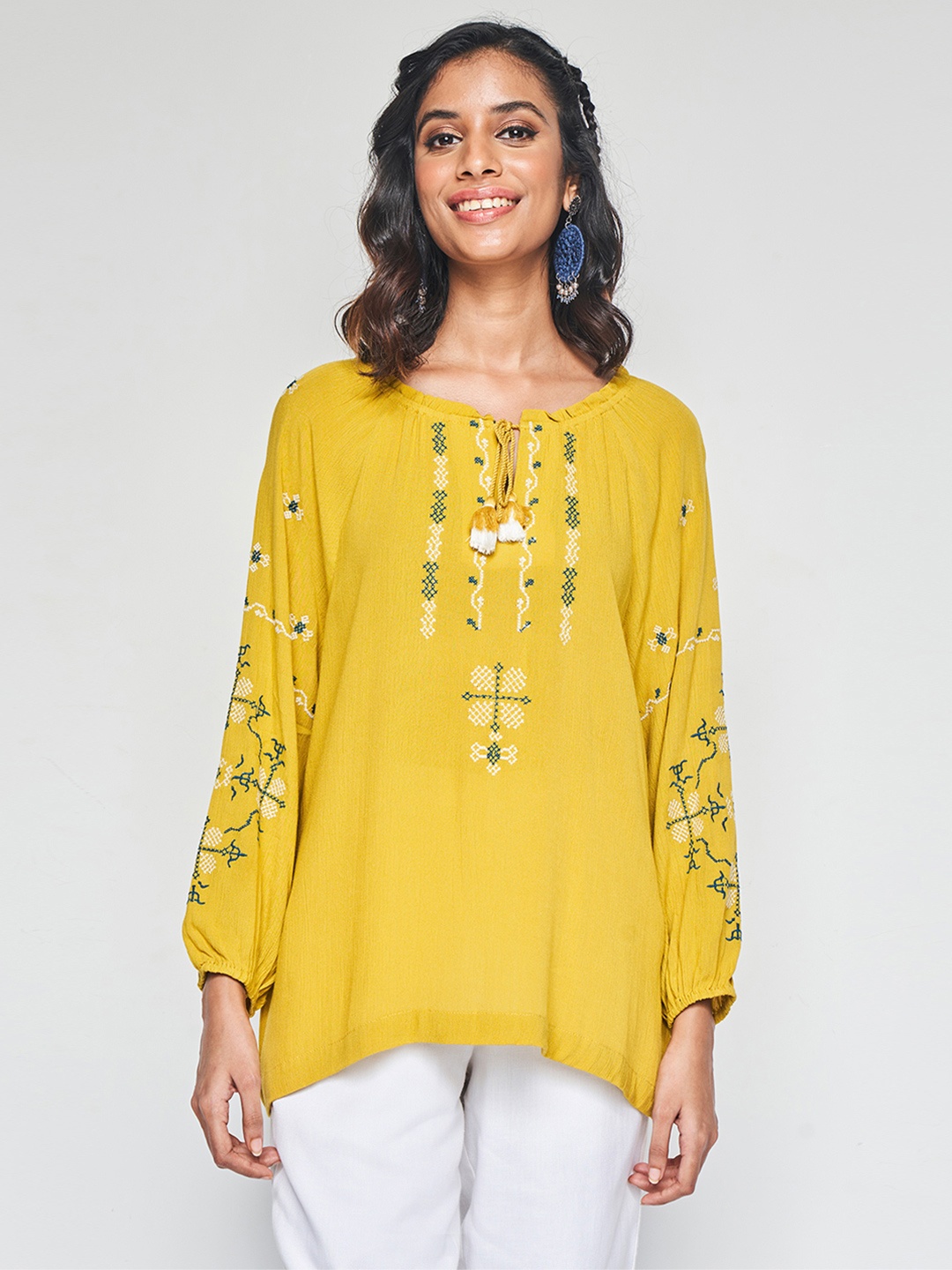 

Global Desi Geometric Embroidered Tie-Up Neck Top, Mustard