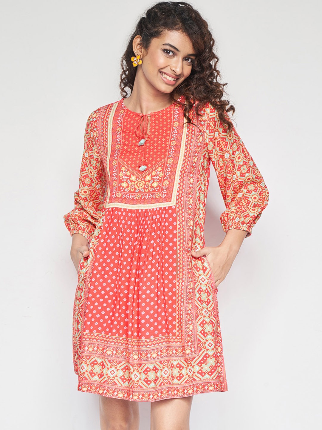 

Global Desi Printed A-line Ethnic Dress, Peach