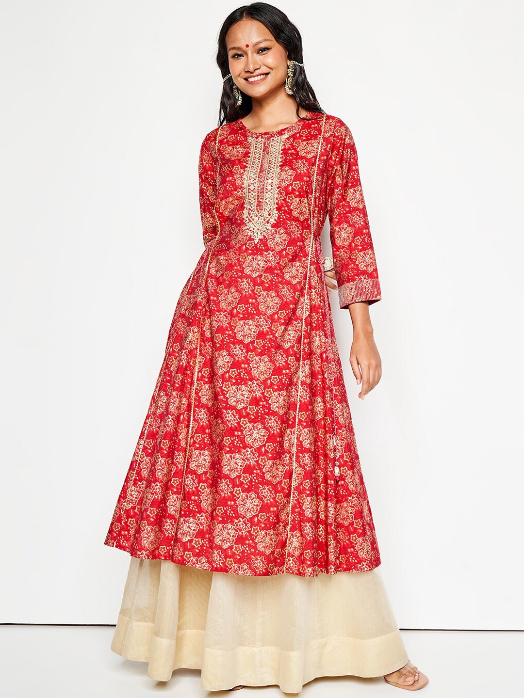

Global Desi Floral Printed Thread Work Anarkali Kurta, Pink