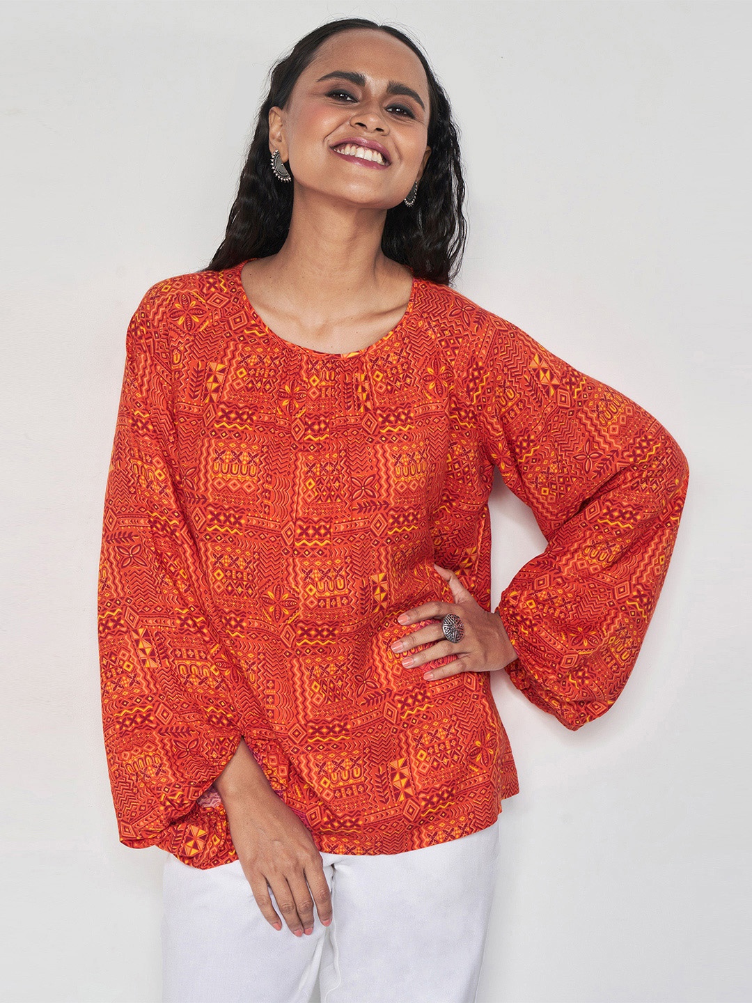 

Global Desi Abstract Printed Puff Sleeves Top, Orange