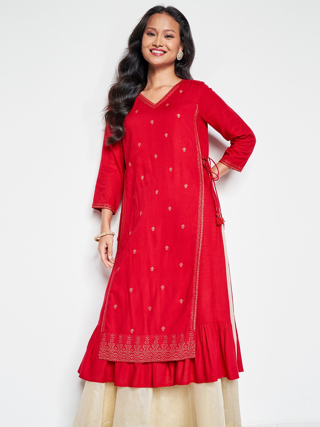 Global Desi Ethnic Motifs Printed Layered Straight Kurta, Red