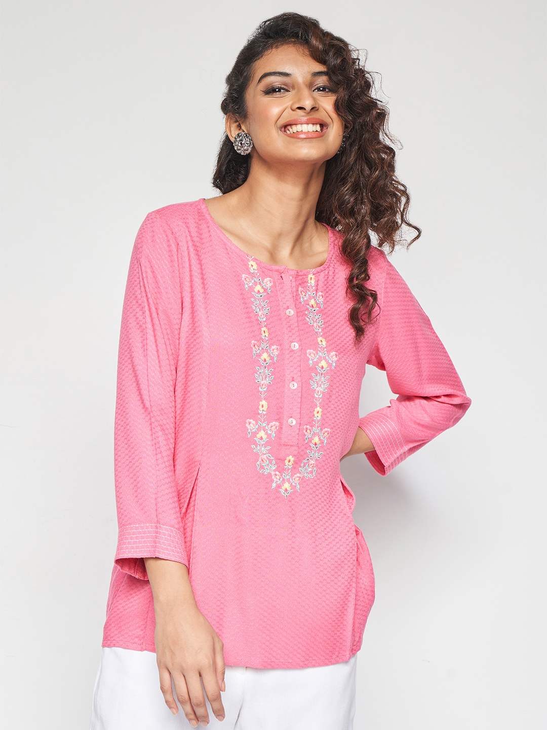 

Global Desi Floral Embroidered A-Line Top, Pink