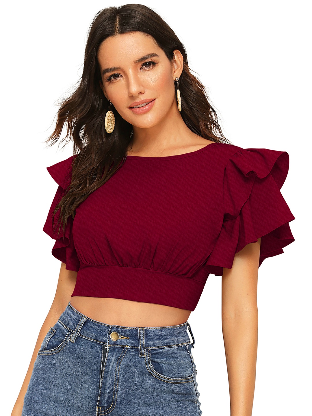 

Sanwariya Silk Flutter Sleeve Blouson Crop Top, Maroon