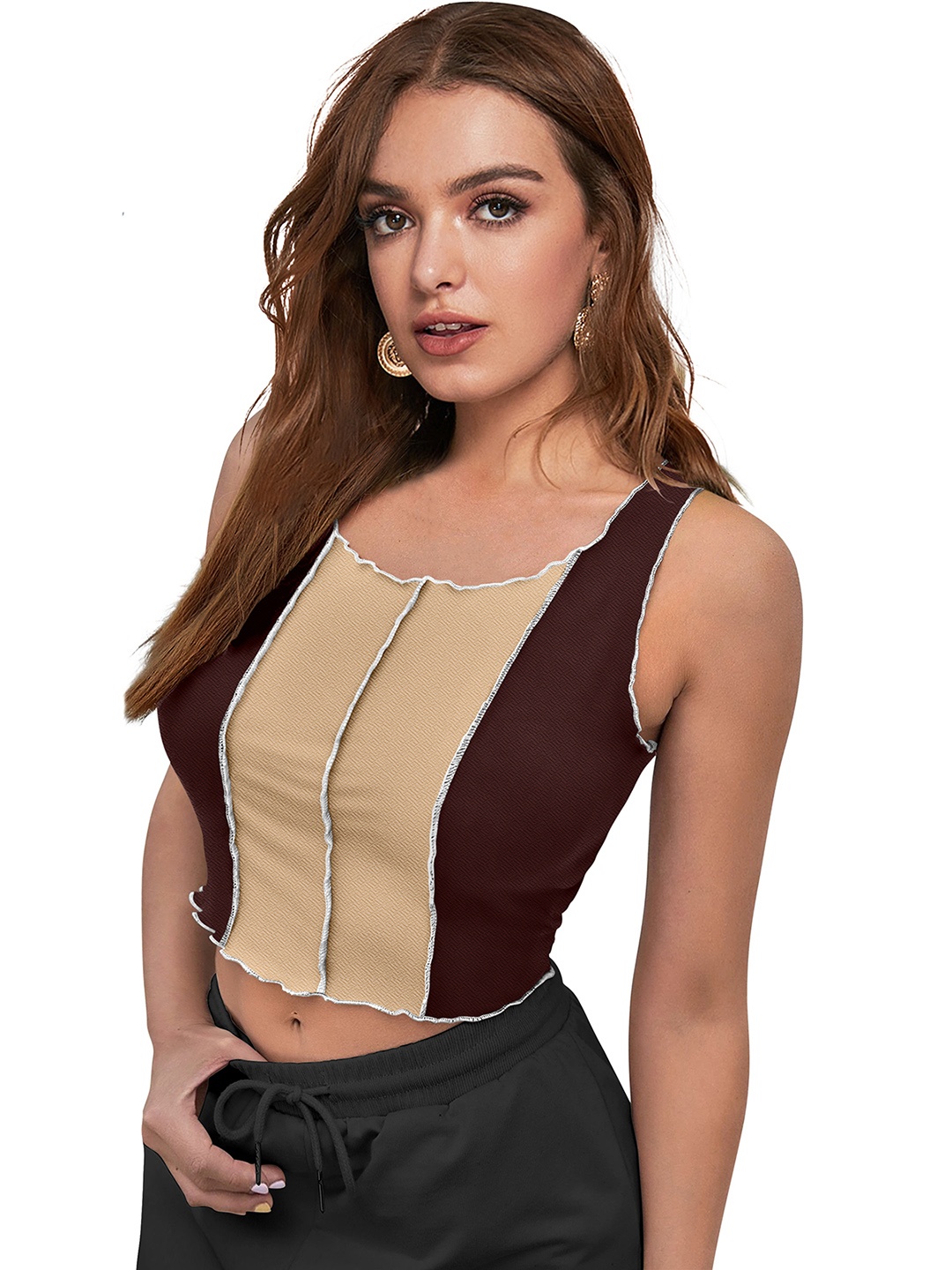 

Sanwariya Silk Colourblocked Sleeveless Fitted Crop Top, Coffee brown