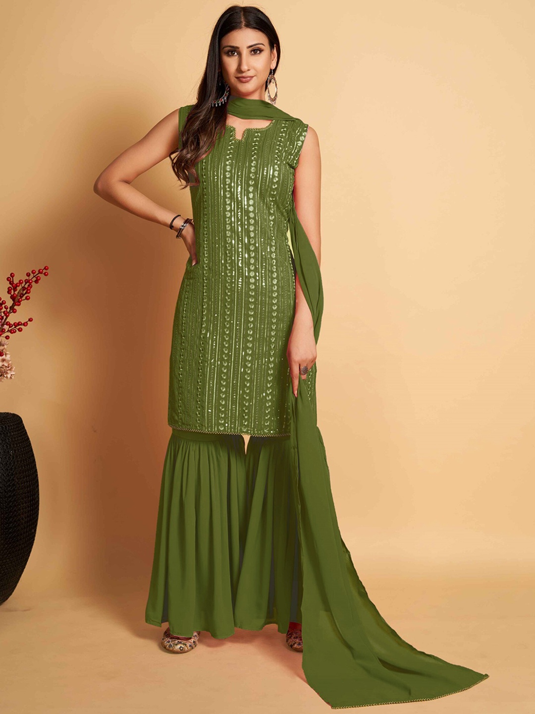 

ZARIMO Floral Embroidered Regular Thread Work Kurta With Sharara & Dupatta, Green