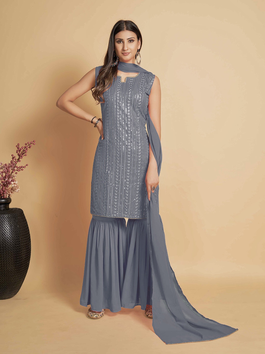 

ZARIMO Floral Embroidered Regular Thread Work Kurta With Sharara & Dupatta, Grey