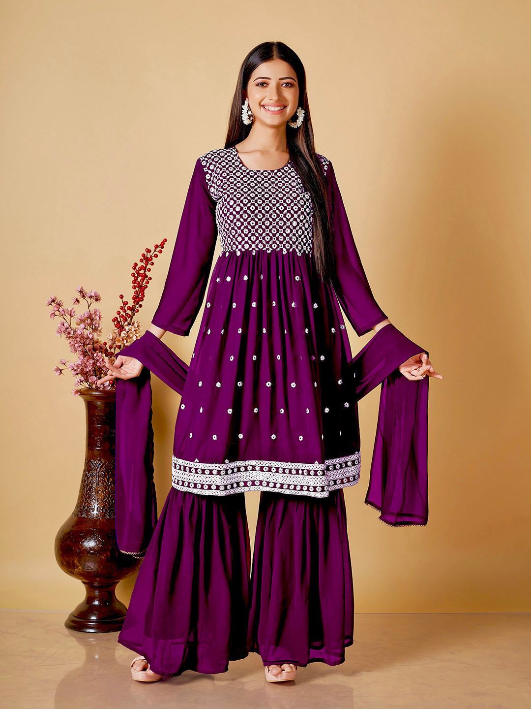 

ZARIMO Lucknowi Embroidered Regular Mirror Work Kurta with Sharara & Dupatta, Purple