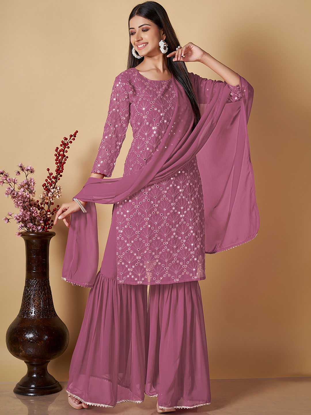 

ZARIMO Floral Embroidered Regular Thread Work Kurta With Sharara & Dupatta, Pink