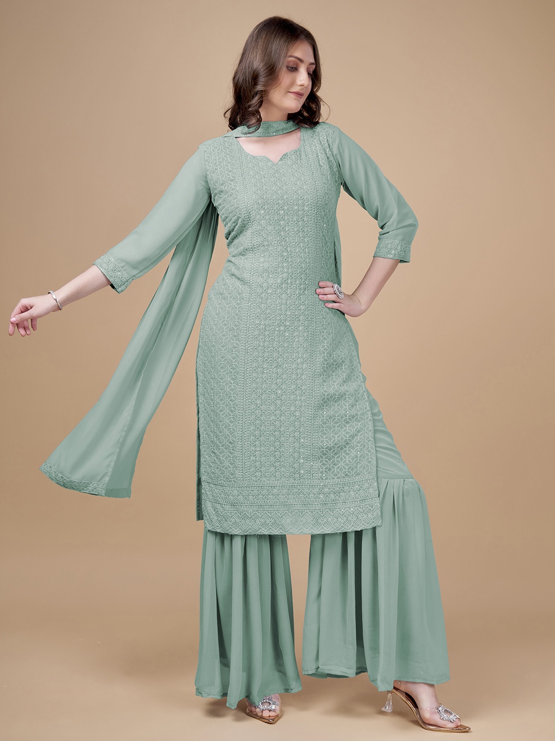 

ZARIMO Floral Embroidered Regular Thread Work Kurta With Sharara & Dupatta, Green
