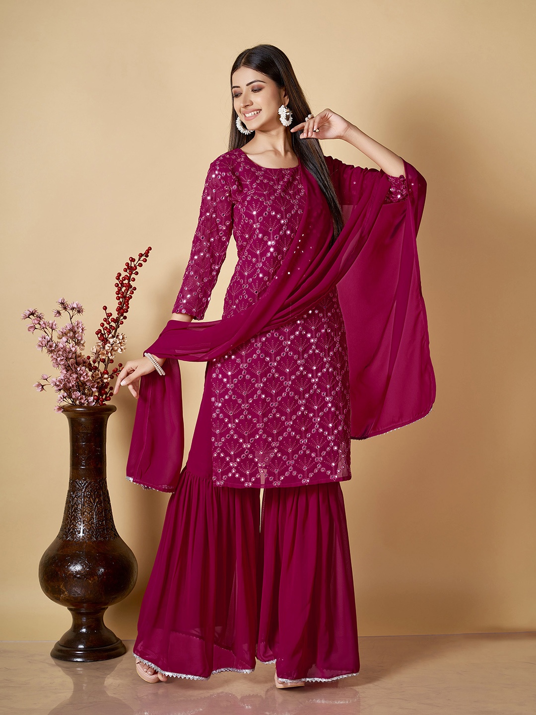 ZARIMO Embroidered Regular Mirror Work Kurta With Sharara & Dupatta, Maroon