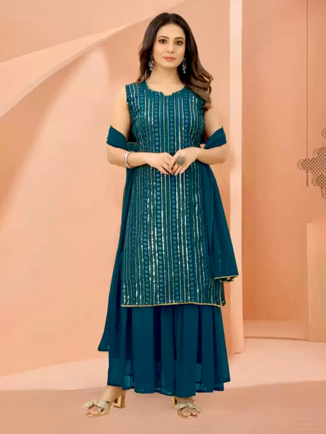

ZARIMO Floral Embroidered Regular Thread Work Pastels Kurta With Sharara & Dupatta, Teal