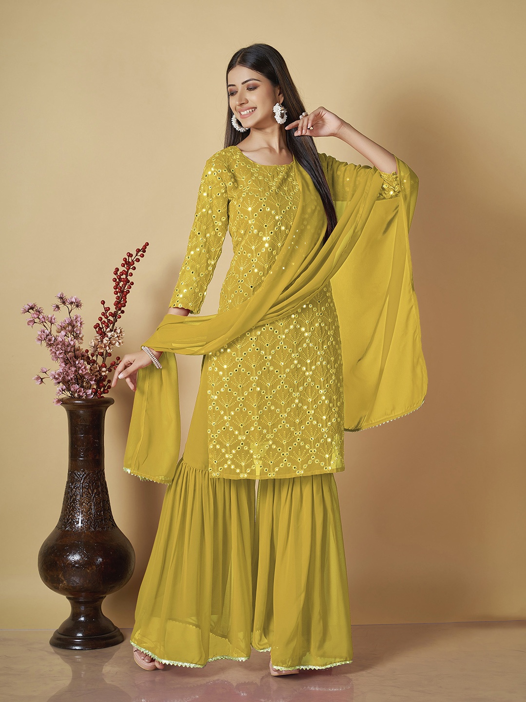 ZARIMO Embroidered Regular Mirror Work Kurta With Sharara & Dupatta, Yellow